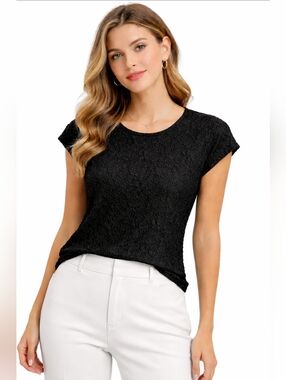 NWT Chico's Textured Black Lace Cap Sleeve Top Size 2 Womens Large